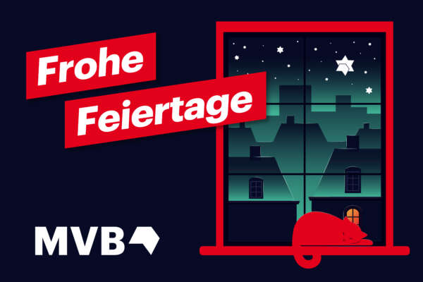 Grafik eines Fensters mit Blick auf Dächer und Sternenhimmel, auf dessen Fensterbank eine roten Katze schläft. Daneben steht "Frohe Feiertage"